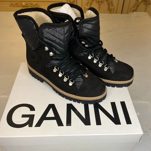 GANNI WOMEN’S QUILTED HIKING BLACK LACE UP BOOTS SZ EU39 - Picture 5 of 12